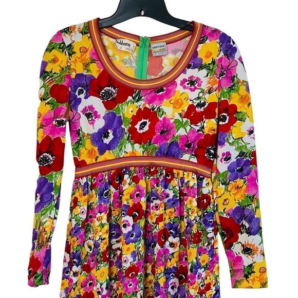 Goldworm Vintage 60s Anemone Vibrant Rainbow Floral Long Sleeve Dress Sz 12 - Picture 2 of 10